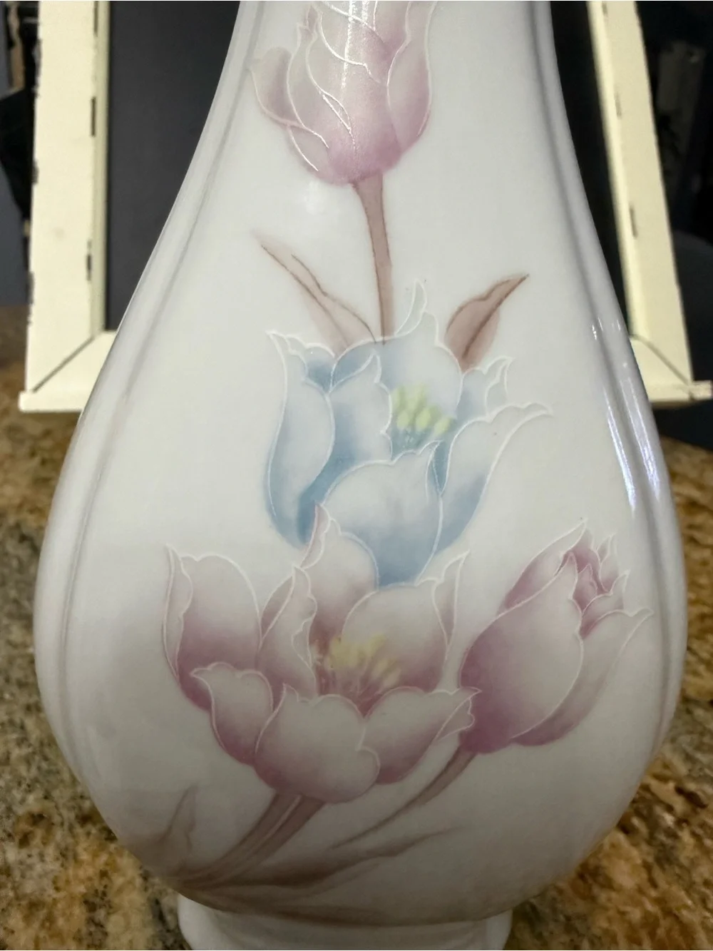 Delicate White Vase with Pastel Pink and Blue Floral Motif
